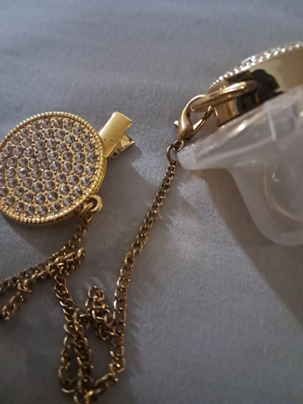 Gold Rhinestone Pacifier Clip with Initial E Charm